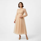 Kadın Nude Bej Kruvaze Yaka Uzun Balon Kollu Tül Abiye Elbise 87827