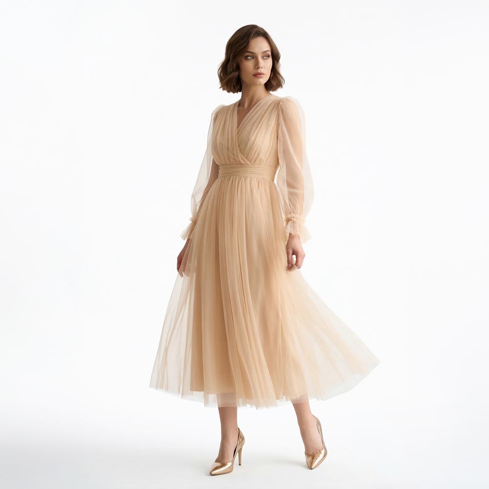 Kadın Nude Bej Kruvaze Yaka Uzun Balon Kollu Tül Abiye Elbise 87827