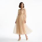 Kadın Nude Bej Kruvaze Yaka Uzun Balon Kollu Tül Abiye Elbise 87827