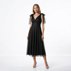 Kadın Siyah Askıları Bağlamalı Noktalı Tül V Yaka Midi Abiye Elbise 46019