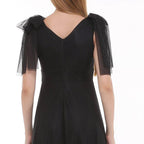 Kadın Siyah Askıları Bağlamalı Noktalı Tül V Yaka Midi Abiye Elbise 46019