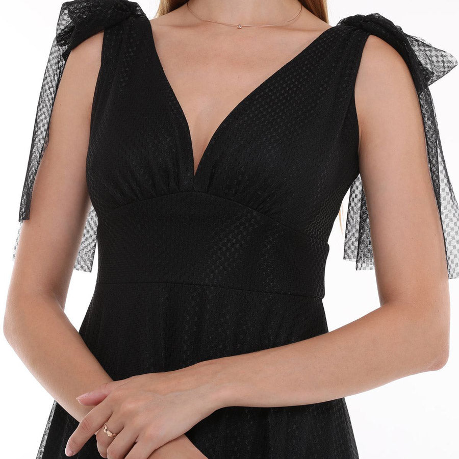 Kadın Siyah Askıları Bağlamalı Noktalı Tül V Yaka Midi Abiye Elbise 46019