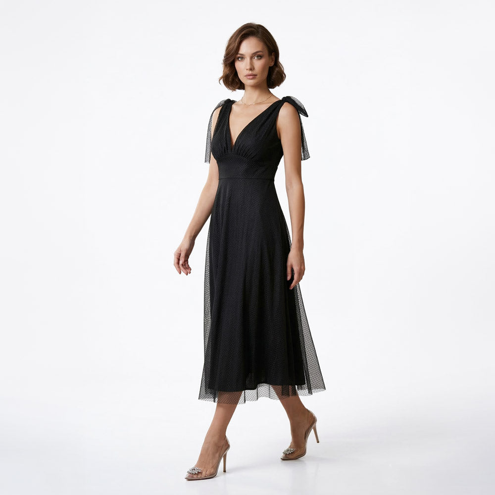 Kadın Siyah Askıları Bağlamalı Noktalı Tül V Yaka Midi Abiye Elbise 46019