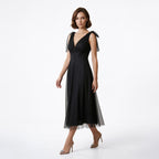 Kadın Siyah Askıları Bağlamalı Noktalı Tül V Yaka Midi Abiye Elbise 46019