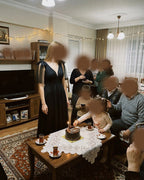 Kadın Siyah Askıları Bağlamalı Noktalı Tül V Yaka Midi Abiye Elbise 46019