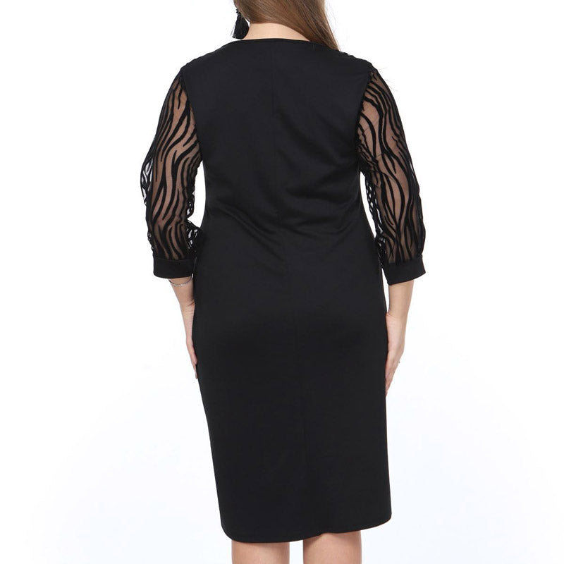Siyah renkli göğüs ve kolları zebra desenli flok tül detaylı kadın büyük beden abiye elbise