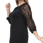 Siyah renkli göğüs ve kolları zebra desenli flok tül detaylı kadın büyük beden abiye elbise