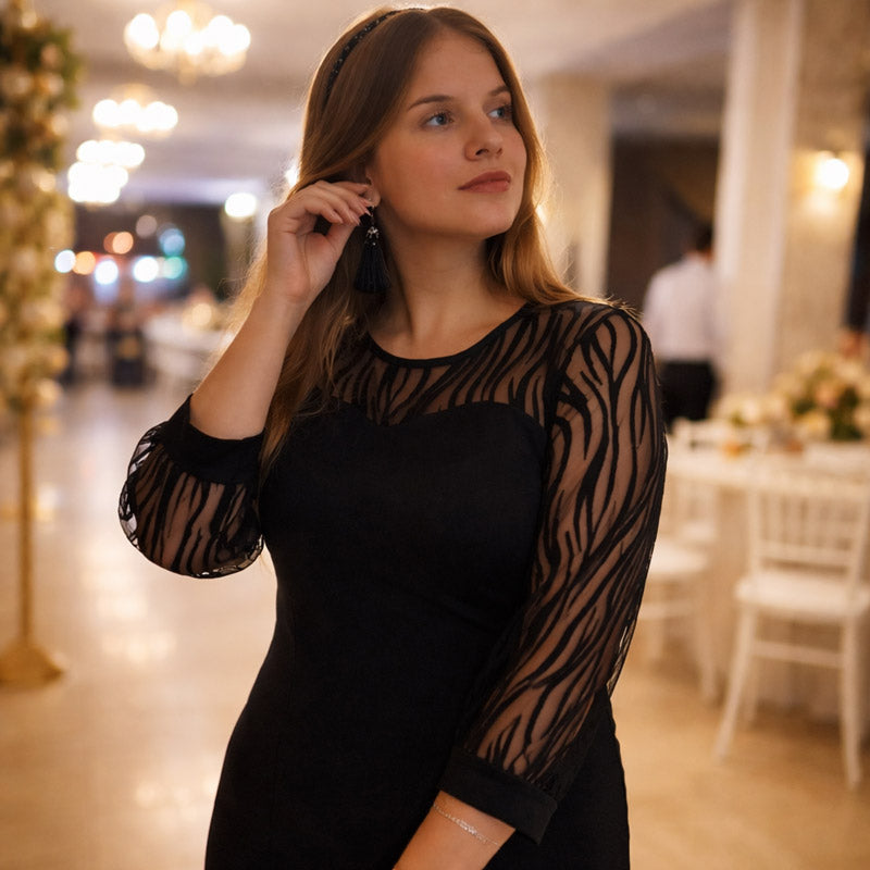 Kadın Siyah Büyük Beden Zebra Desenli Flok Tül Abiye Elbise 37327