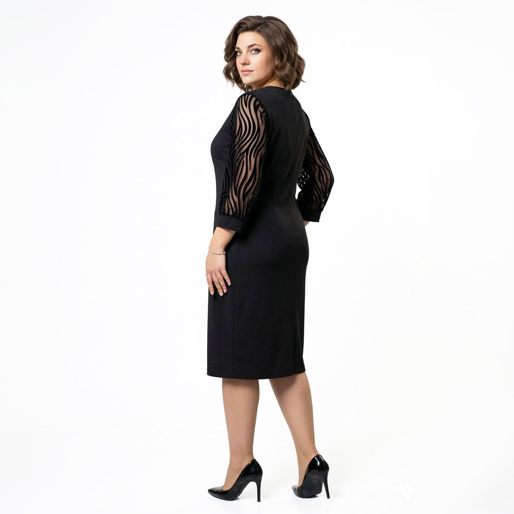 Siyah renkli göğüs ve kolları zebra desenli flok tül detaylı kadın büyük beden abiye elbise