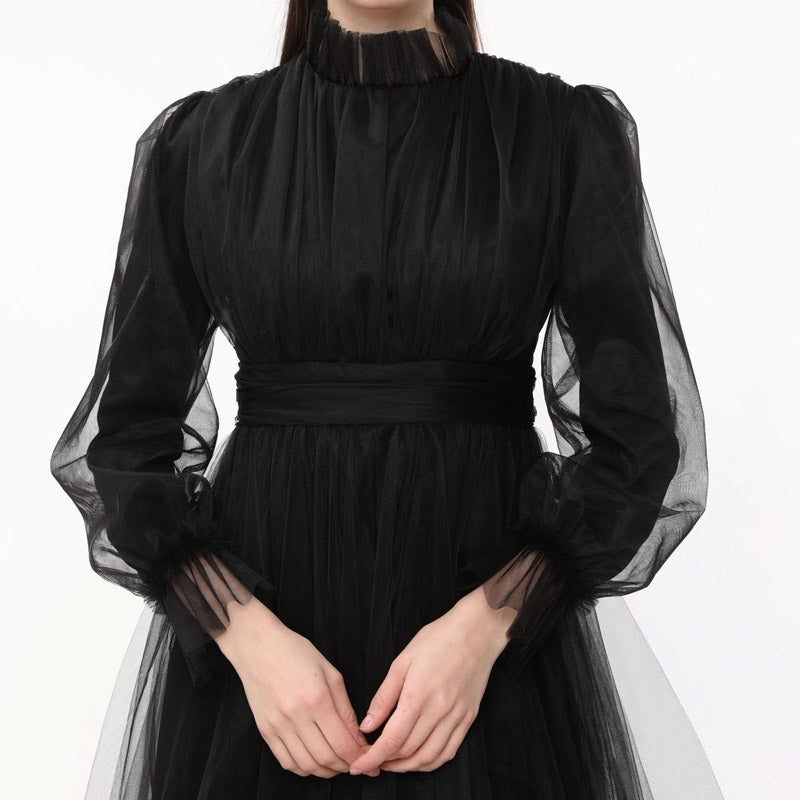 Kadın Siyah Dik Yaka Uzun Kollu Büzgülü Tül Abiye Elbise 98658