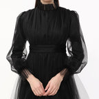 Kadın Siyah Dik Yaka Uzun Kollu Büzgülü Tül Abiye Elbise 98658