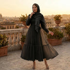 Kadın Siyah Dik Yaka Uzun Kollu Büzgülü Tül Abiye Elbise 98658