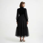 Kadın Siyah Dik Yaka Uzun Kollu Büzgülü Tül Abiye Elbise 98658