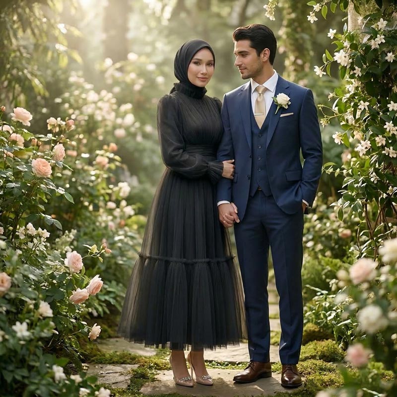 Kadın Siyah Dik Yaka Uzun Kollu Büzgülü Tül Abiye Elbise 98658