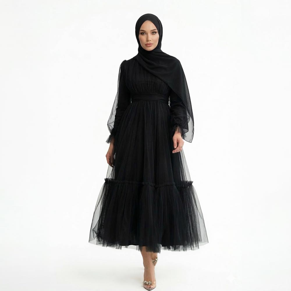 Kadın Siyah Dik Yaka Uzun Kollu Büzgülü Tül Abiye Elbise 98658