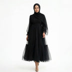 Kadın Siyah Dik Yaka Uzun Kollu Büzgülü Tül Abiye Elbise 98658