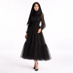 Kadın Siyah Dik Yaka Uzun Kollu Büzgülü Tül Abiye Elbise 98658