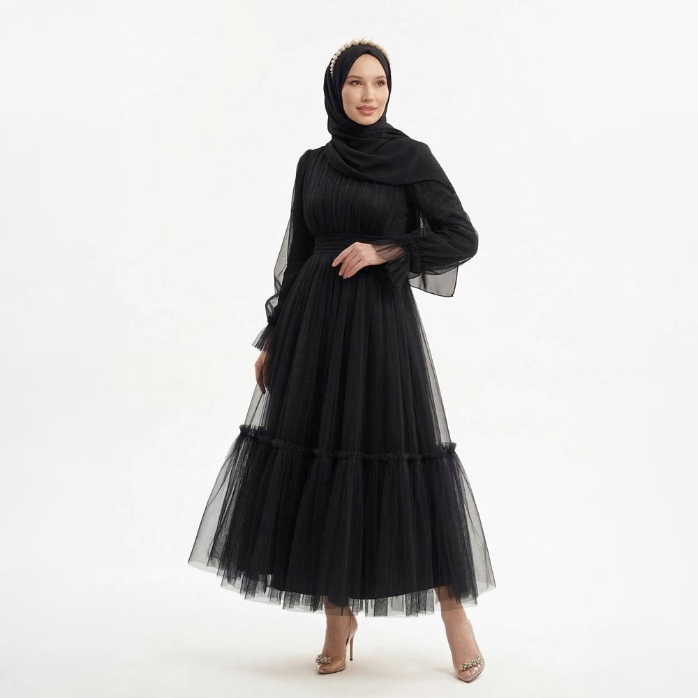 Kadın Toz Pembe Dik Yaka Uzun Kollu Büzgülü Tül Abiye Elbise 98658