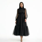 Kadın Siyah Dik Yaka Uzun Kollu Büzgülü Tül Abiye Elbise 98658