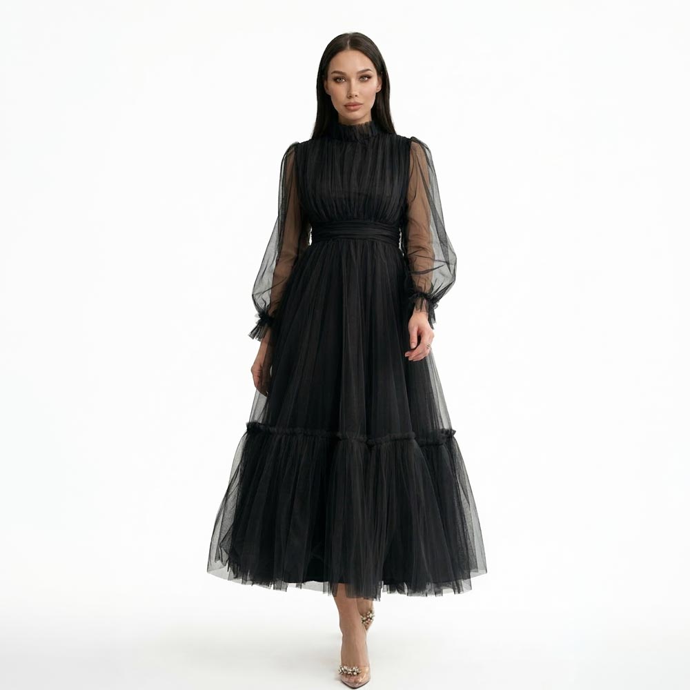 Kadın Siyah Dik Yaka Uzun Kollu Büzgülü Tül Abiye Elbise 98658