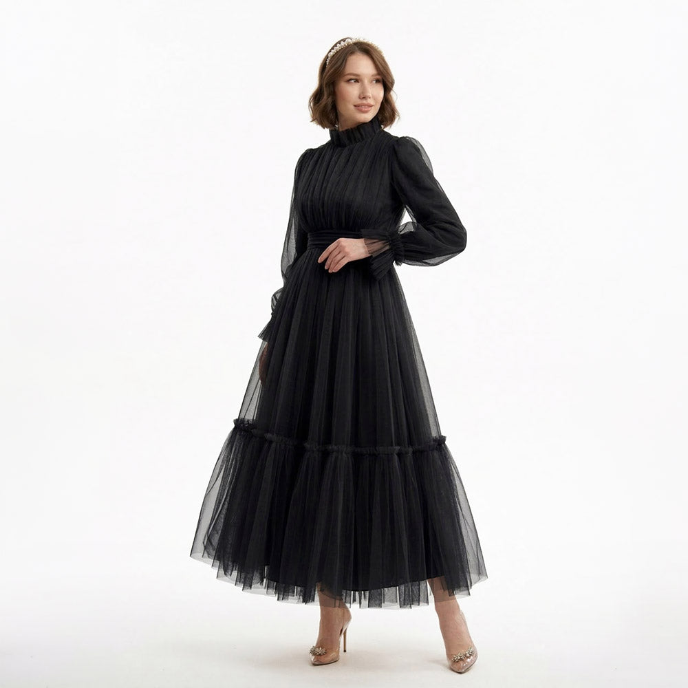 Kadın Siyah Dik Yaka Uzun Kollu Büzgülü Tül Abiye Elbise 98658