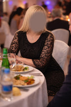 Kadın Siyah İspanyol Kol Kadife Desenli Tül Büyük Beden Abiye Elbise 19580