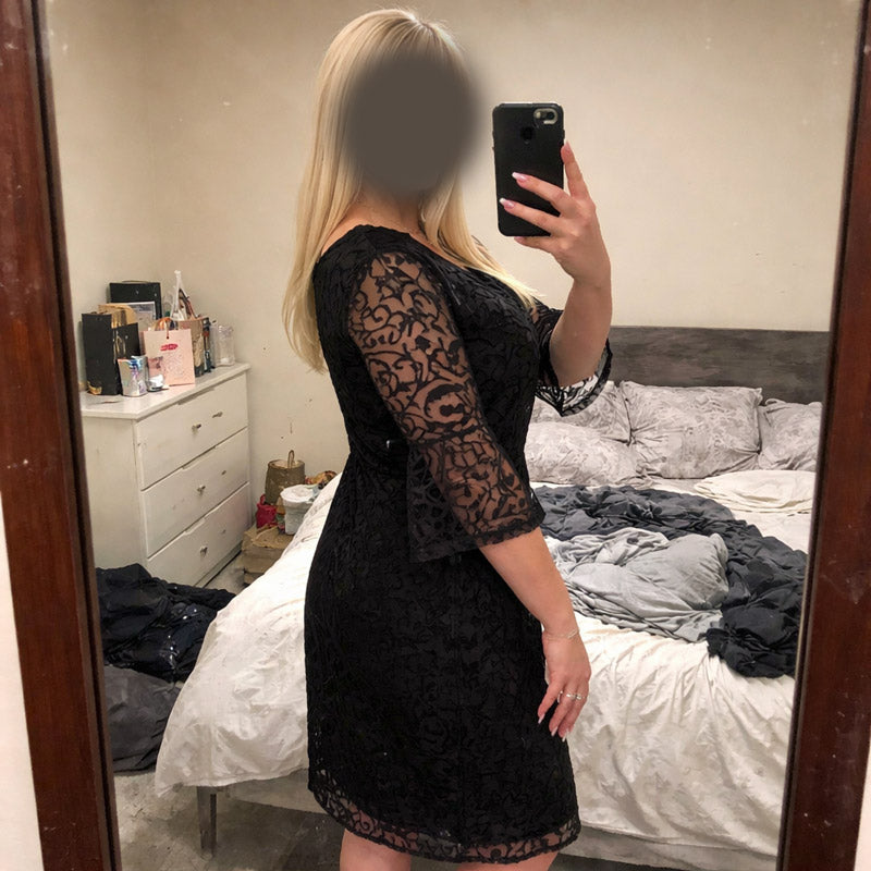 Kadın Siyah İspanyol Kol Kadife Desenli Tül Büyük Beden Abiye Elbise 19580