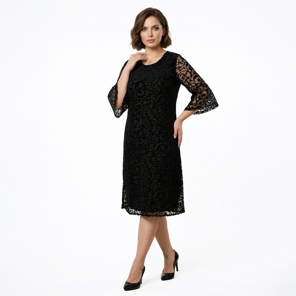 Siyah renkli ispanyol kollu kadife desenli tül büyük beden kadın abiye elbise