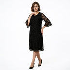 Siyah renkli ispanyol kollu kadife desenli tül büyük beden kadın abiye elbise