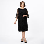 Siyah renkli ispanyol kollu kadife desenli tül büyük beden kadın abiye elbise