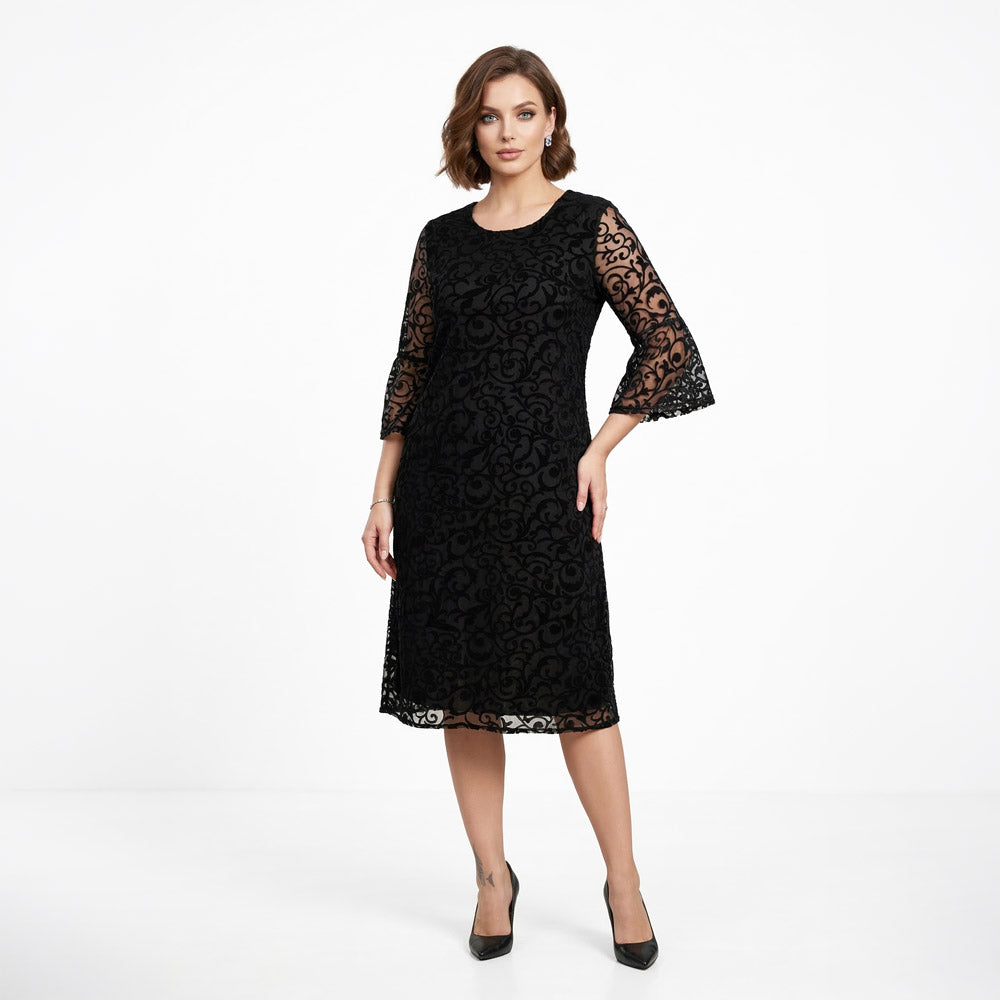 Kadın Siyah İspanyol Kol Kadife Desenli Tül Büyük Beden Abiye Elbise 19580