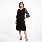 Kadın Siyah İspanyol Kol Kadife Desenli Tül Büyük Beden Abiye Elbise 19580