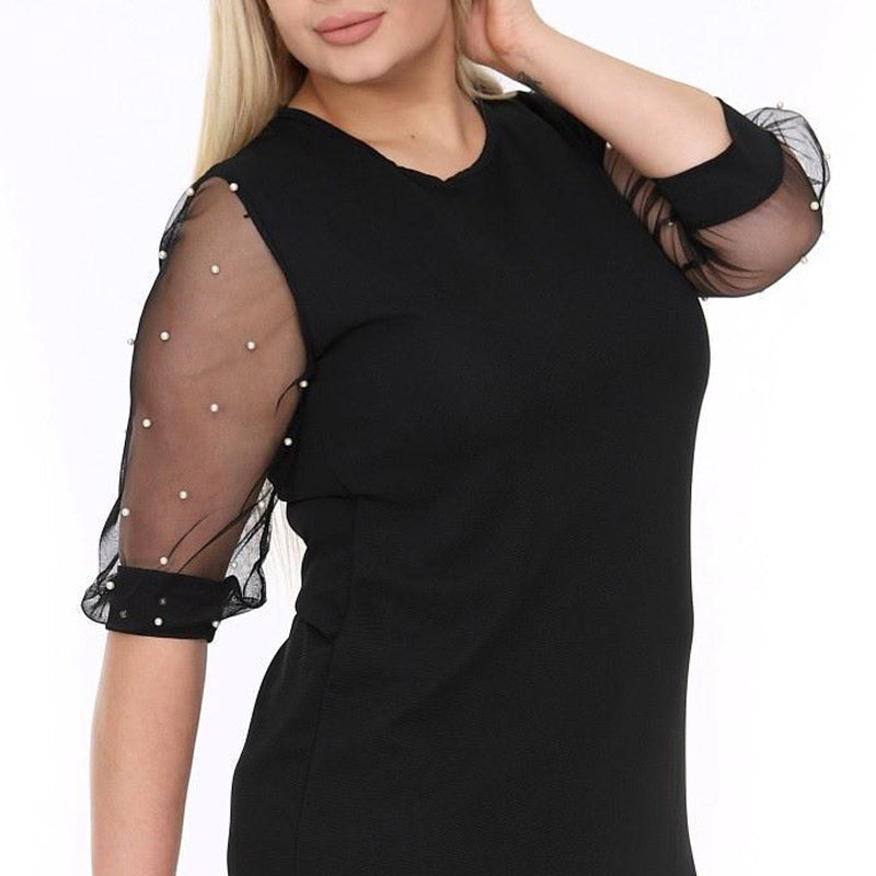 Siyah renkli kolları incili transparan tül detaylı kadın büyük beden abiye elbise