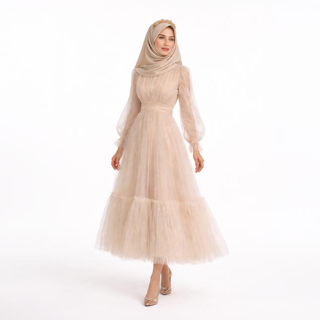 Ten rengi dik yakalı uzun kollu büzgü detaylı kadın tül abiye elbise