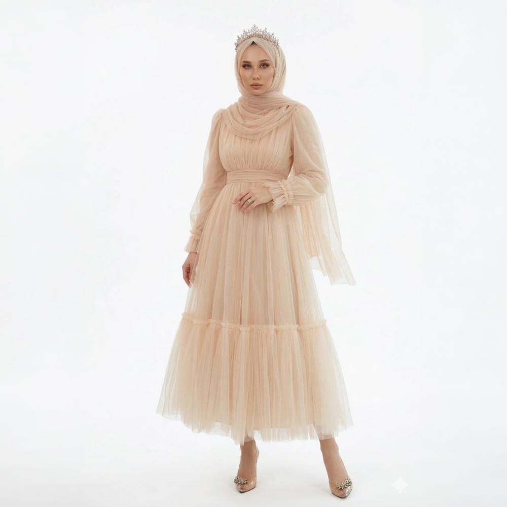 Ten rengi dik yakalı uzun kollu büzgü detaylı kadın tül abiye elbise