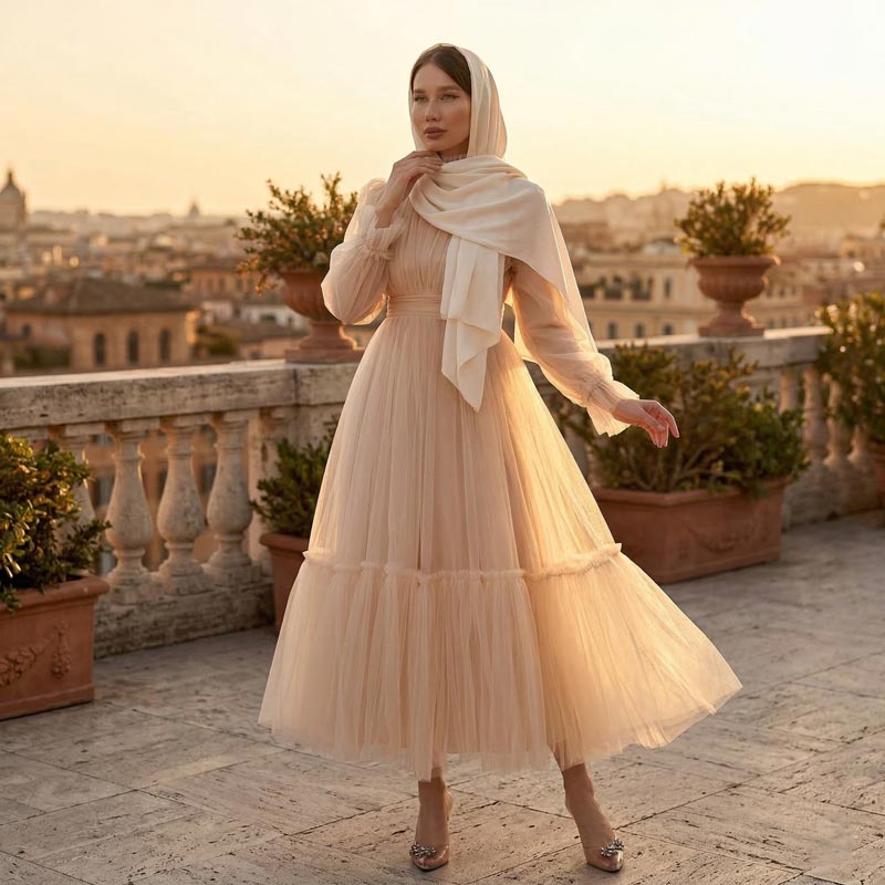 Kadın Hayal Tül Büzgü Detaylı Tesettür Abiye Elbise 98658