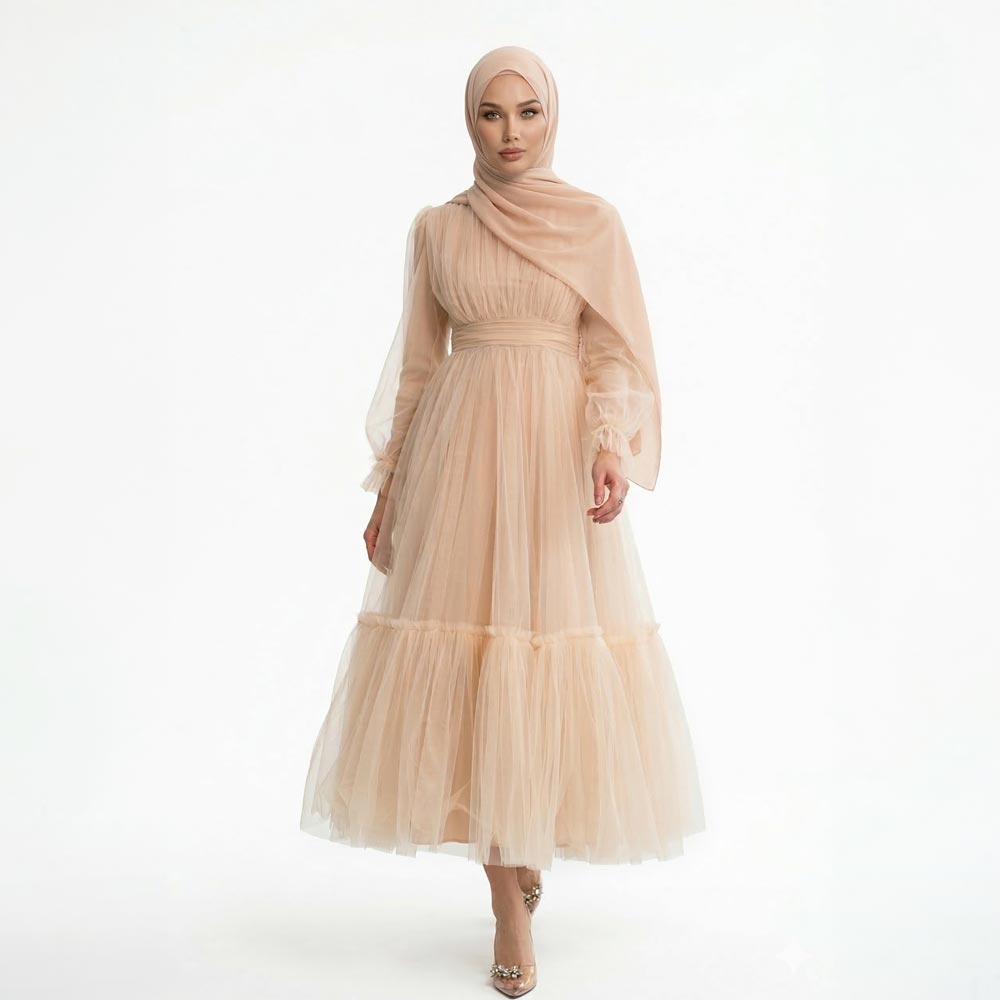 Ten rengi dik yakalı uzun kollu büzgü detaylı kadın tül abiye elbise