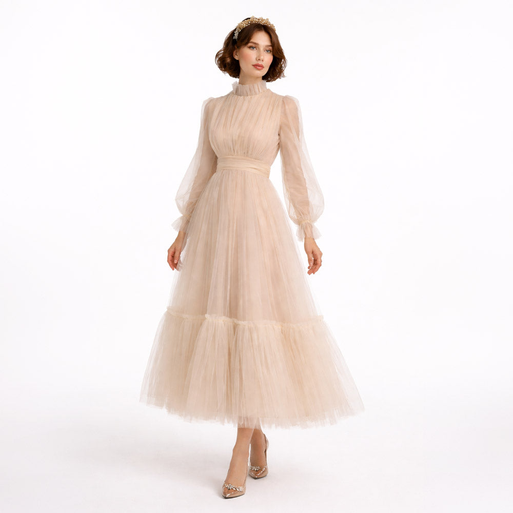 Kadın Hayal Tül Büzgü Detaylı Tesettür Abiye Elbise 98658