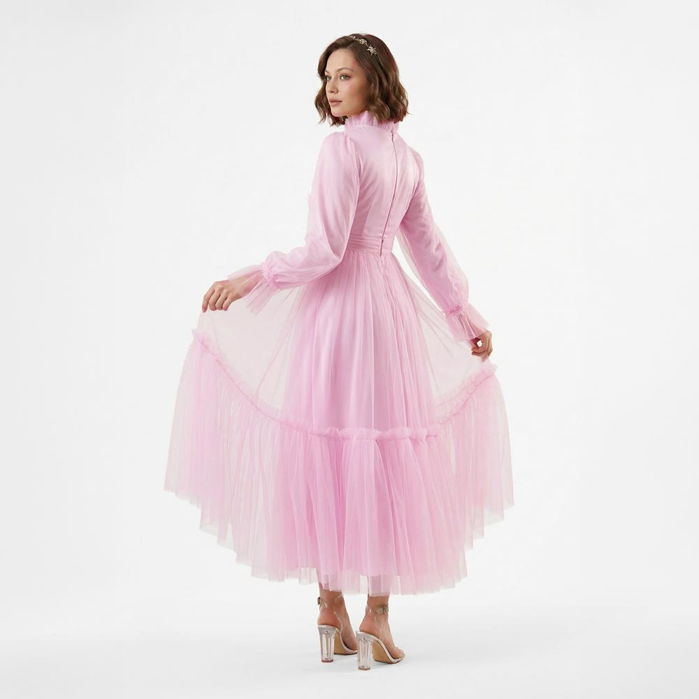 Kadın Toz Pembe Dik Yaka Uzun Kollu Büzgülü Tül Abiye Elbise 98658