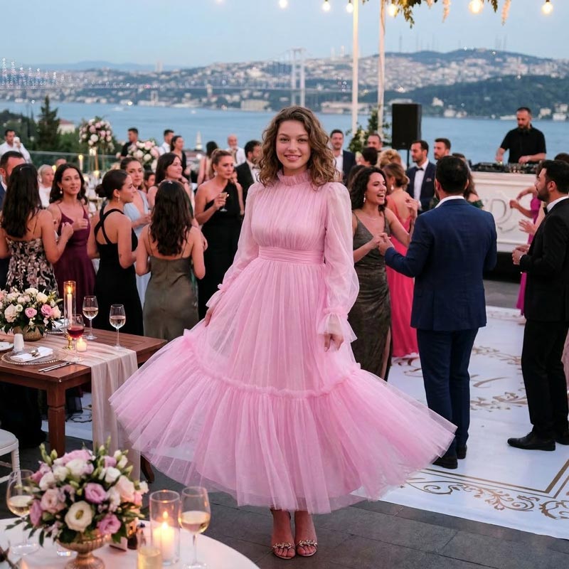 Kadın Toz Pembe Dik Yaka Uzun Kollu Büzgülü Tül Abiye Elbise 98658