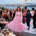 Kadın Toz Pembe Dik Yaka Uzun Kollu Büzgülü Tül Abiye Elbise 98658