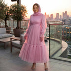 Kadın Toz Pembe Dik Yaka Uzun Kollu Büzgülü Tül Abiye Elbise 98658