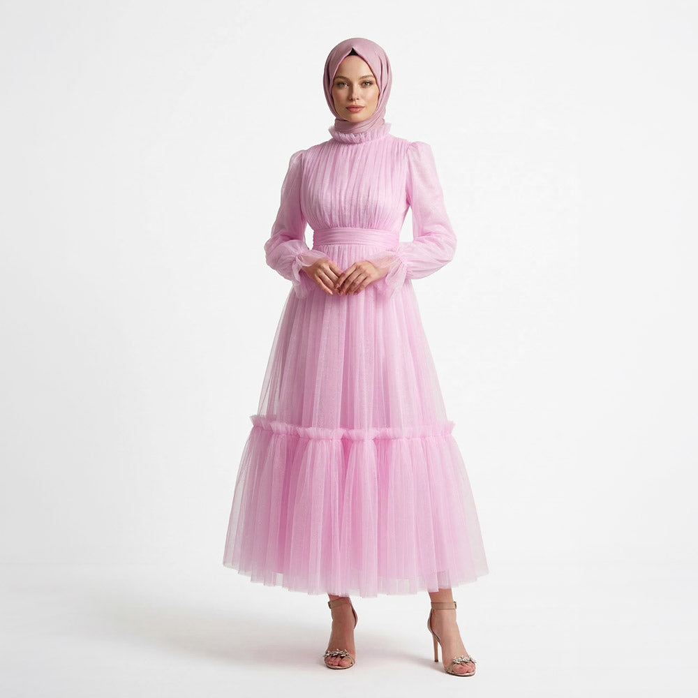 Kadın Toz Pembe Dik Yaka Uzun Kollu Büzgülü Tül Abiye Elbise 98658