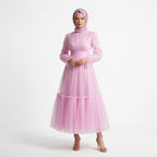 Kadın Toz Pembe Dik Yaka Uzun Kollu Büzgülü Tül Abiye Elbise 98658