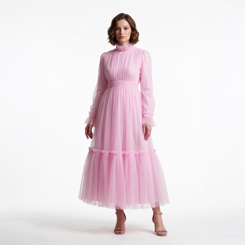 Kadın Toz Pembe Dik Yaka Uzun Kollu Büzgülü Tül Abiye Elbise 98658