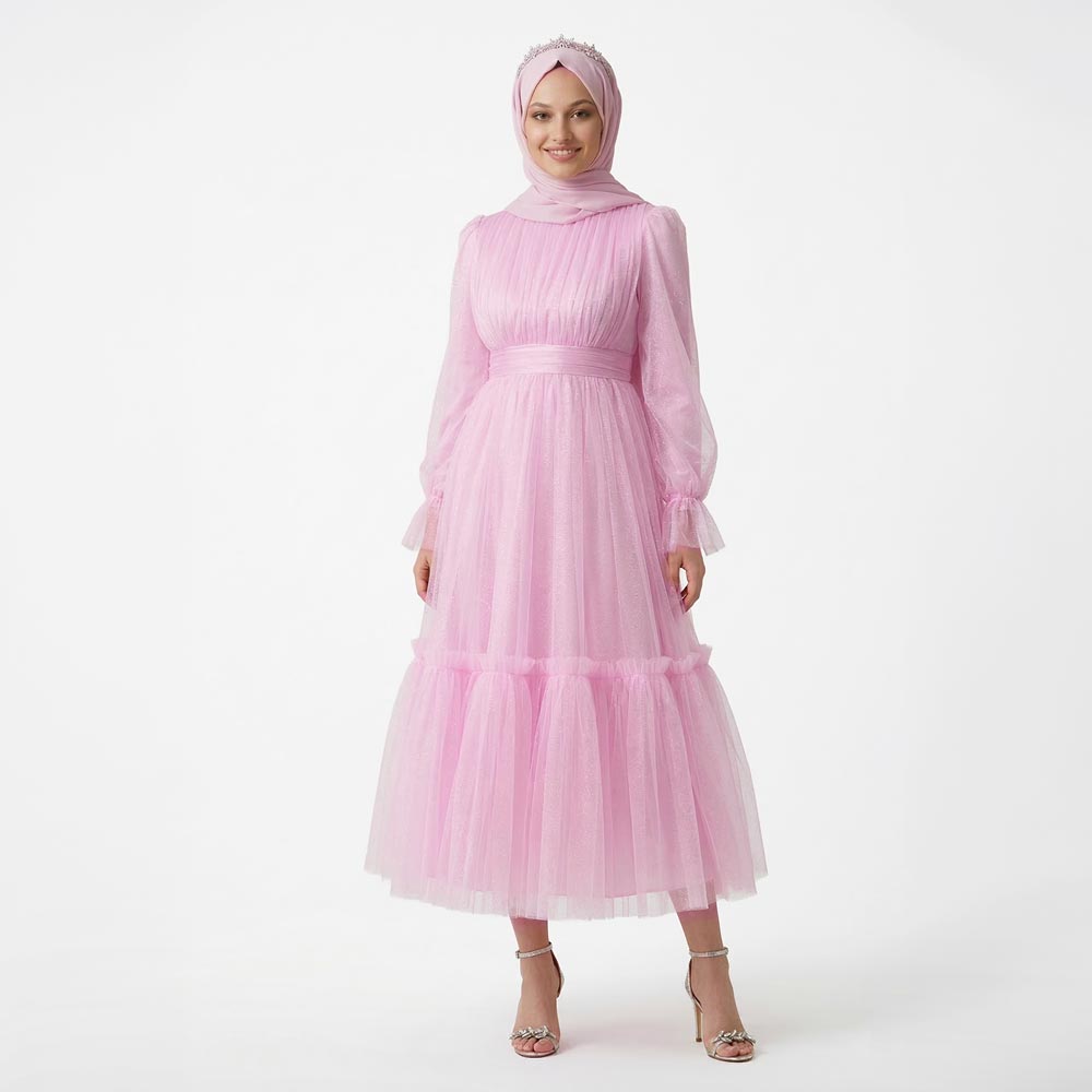 Kadın Toz Pembe Dik Yaka Uzun Kollu Büzgülü Tül Abiye Elbise 98658