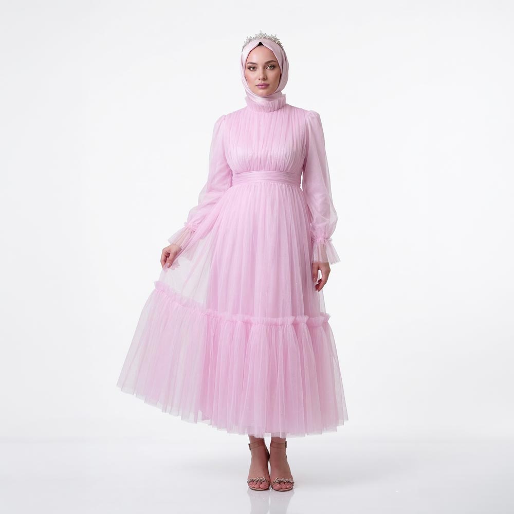 Kadın Toz Pembe Dik Yaka Uzun Kollu Büzgülü Tül Abiye Elbise 98658