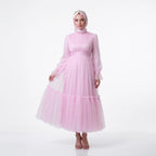 Kadın Toz Pembe Dik Yaka Uzun Kollu Büzgülü Tül Abiye Elbise 98658