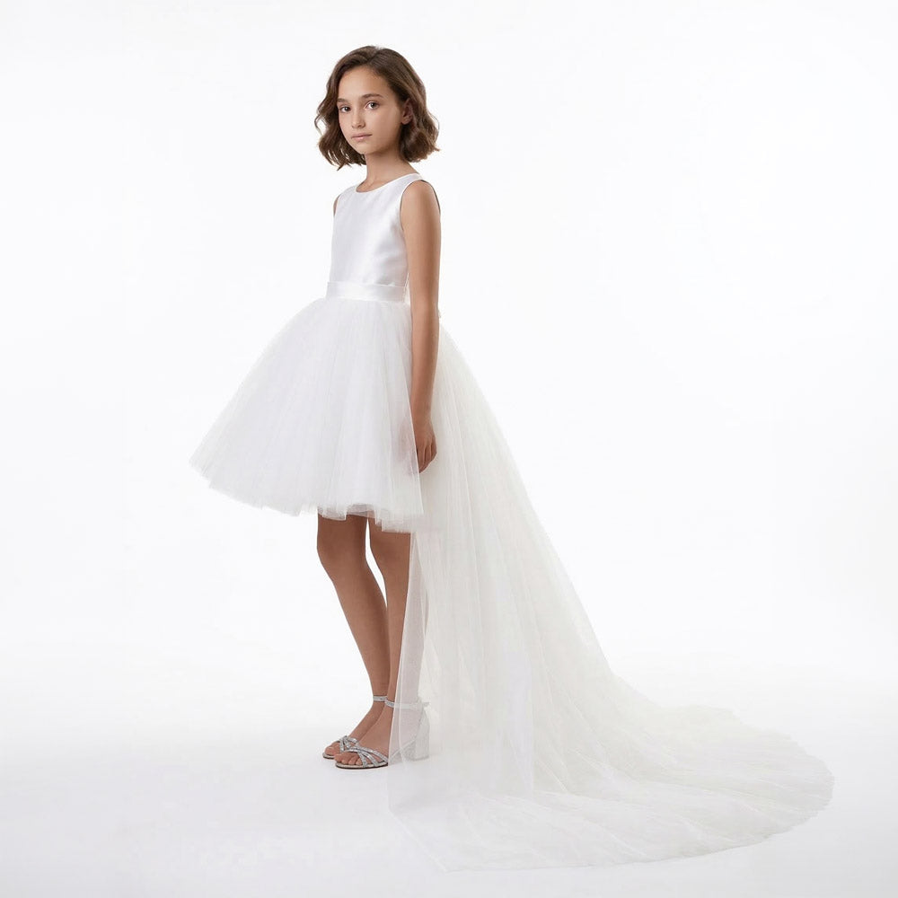 Kız Çocuk Beyaz Önü Kısa Arkası Uzun Kuyruklu Tül Abiye Elbise 24364
