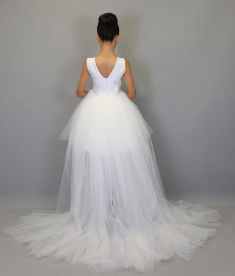 Kız Çocuk Beyaz Önü Kısa Arkası Uzun Kuyruklu Tül Abiye Elbise 24364